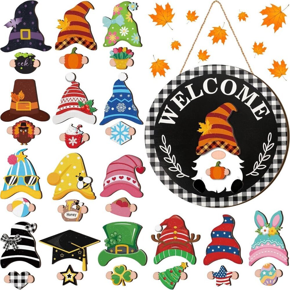 Interchangeable Wooden Gnome Decor Holiday Seasonal Gnome Decorations with Magne